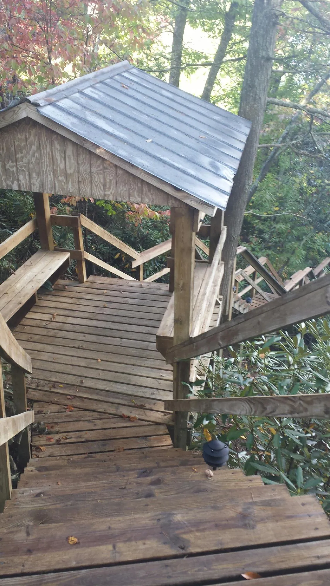 Metal roofed shelter over wooden steps on a wooded walkway — Skylight Repair & Installation work by our crew in Lapine